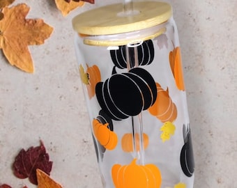 16oz Glass Cup - Fall Themed Pumpkin Iced Coffee Cup