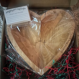 Tigela de Oração em Forma de Coração de Madeira + Cartões de Bênção | Organizador Rústico de Fazenda | Presentes Cristãos | Tigela de Massa em Forma de Cruz | Tigela de Devoção | Presente de Condolências