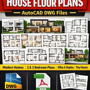 以下が含まれることがあります： 住宅の間取り図の広告。画像には「500+ HOUSE FLOOR PLANS」と「AutoCAD DWG Files」の文字が表示されています。また、間取り図の画像や、DWGファイルとPDFファイルのアイコンも含まれています。「INSTANT DOWNLOAD」の文字も表示されています。