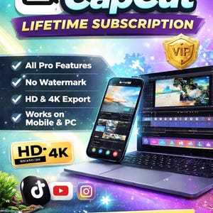 Puede incluir: Imagen promocional del software CapCut. La imagen presenta el logotipo de CapCut, texto que indica una suscripción de por vida e iconos de plataformas de redes sociales. Destaca funciones como 'Todas las funciones Pro' y 'Exportación HD y 4K'. Un smartphone y un portátil muestran la interfaz del software.