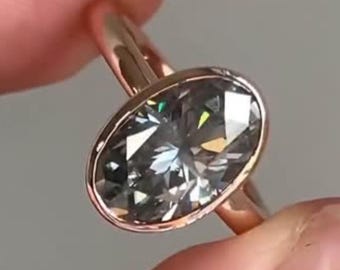 2.5 CT Grey Oval Moissanite Engagement Ring Bezel Set Solitaire Yellow Gold Promise & Anniversary Ring Diamond Wedding Ring Gift For Her
