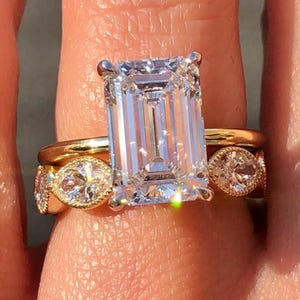 4 CT Emerald Cut Moissanite Engagement Ring Set Bridal Set Ring With Marquise Band Wedding Band Promise Ring Anniversary Gift For Her