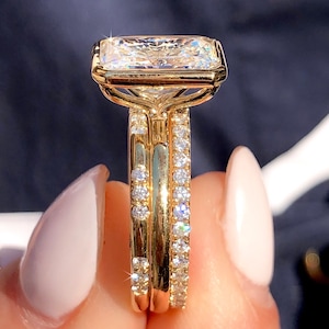 3 CT Radiant Cut Engagement Ring Set Unique Bezel Set 14k Yellow Moissanite Wedding Ring Set  Trio Diamond Bridal Ring Set Matching Band