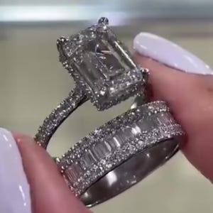 3 CT Emerald Cut Moissanite Engagement Ring Set Emerald Bridal Ring Set 14K Gold Wedding Ring Set Bridal Ring Anniversary Ring Set For Her