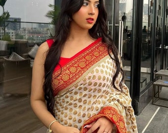 Indian Traditional Banarasi Saree in Chiffon Georgette Handcrafted Minzari Design Saree | Georgette Saree | Chiffon Saree | Banarasi Saree