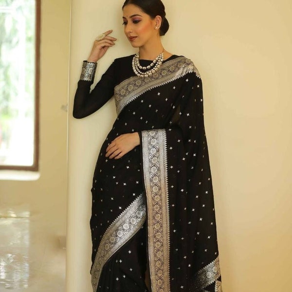 Banarasi Georgette Saree auf reinem Silber Zari Handloom Woven | Luxuriöse Banarasi Katan Georgette Soft Saree für Frauen | Banarasi Saree