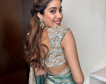 Janhvi Kapoor Inspired Aqua Blue Soft Tissue Silk Saree with Handmade Cutwork Laces