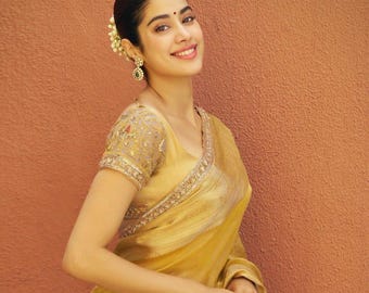 Janhvi Kapoor Inspired Gold Zari Soft Tissue Silk Saree with Handmade Cutwork Laces