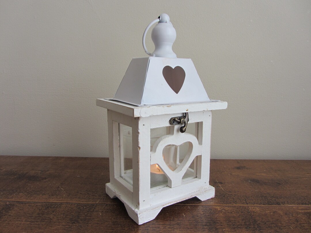 Whitewash Rustic Wooden Heart Lantern Candle Holder With Metal Etsy