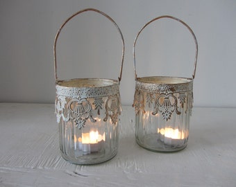 Set of 2 Moroccan style tea light votive candle holders lanterns Ribbed glass Antique Cream metal Fretwork