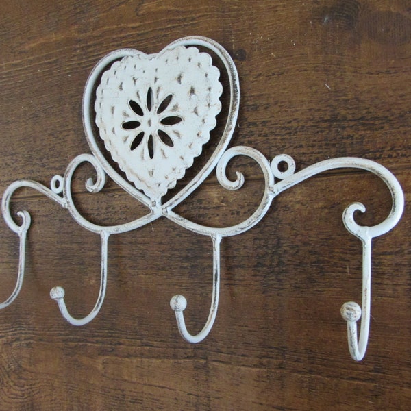 Shabby Chic Heart design blanc antique 4 crochets porte-serviettes / patères / crochets pour clés