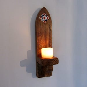 Gothic Arch Mexican Tile Sconce: Rustic Reclaimed Wood LED Candle Holder