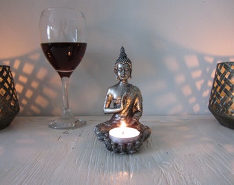 Thai Buddha tea light candle holder Antique silver 13cm