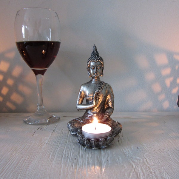 Thai Buddha tea light candle holder Antique silver 13cm