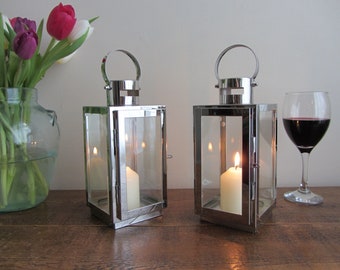 Polished Chrome Candle Lanterns: Modern Tea Light Holders, Set of 2