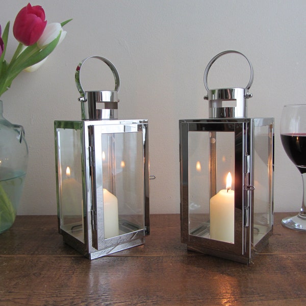 Set of 2 Gorgeous polished chrome silver candle lanterns candle holders tea light holder wedding lantern 25cm