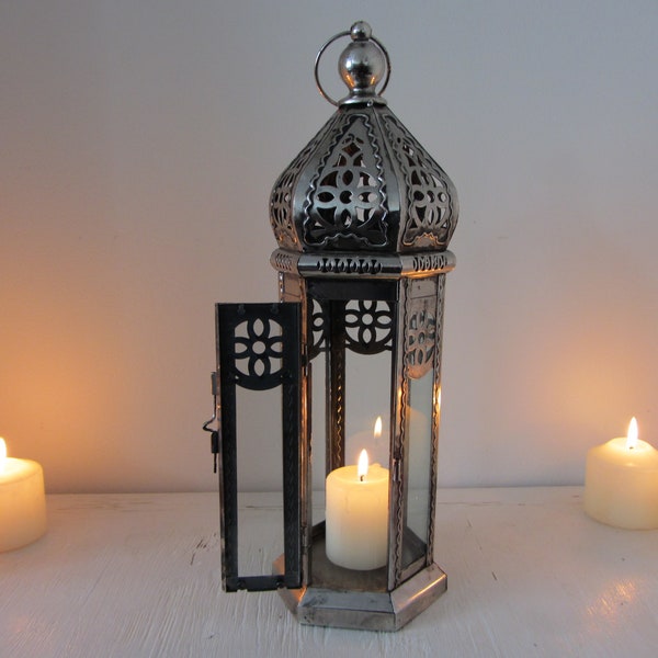 38cm Handmade Moroccan style lantern candle holder Antique Silver filigree lacework Ramadan lights