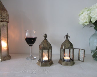 Set of 2 Handmade Moroccan style lanterns tea light candle holders Antique Gold filigree lacework Diwali Ramadan