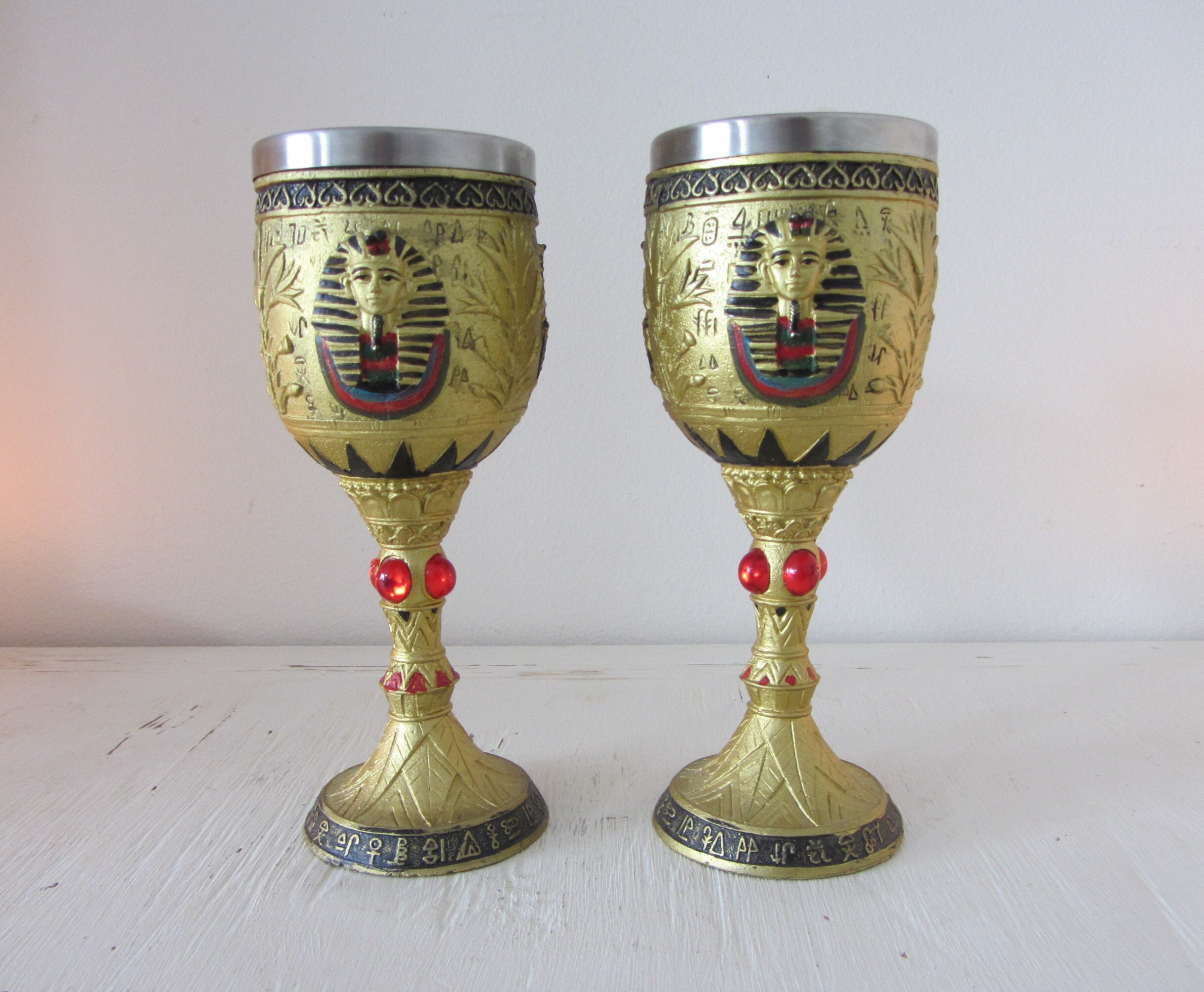 Set of 2 Gold Egyptian Jewelled Wine Goblets Tutankhamun Fabulous detail