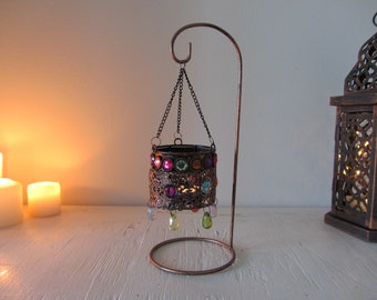 Handmade Moroccan style Jewelled hanging lantern on stand Antique Gold Bronze