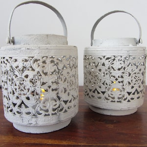 Pair of Rustic Shabby Chic distressed antique chalk white drum lanterns candle holders wedding lantern tea light holder