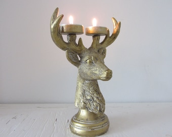 Distressed Gold Stag twin tea light candleholder 20cm tall