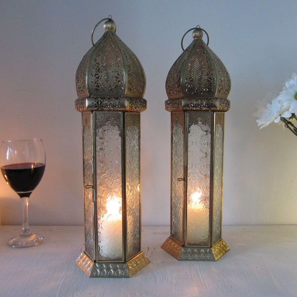 Set of 2 Large Handmade Moroccan style lanterns Indian candle holders Antique Gold filigree lacework Diwali lights