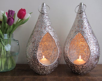 Set of 2 Moroccan style silver filigree teardrop lanterns candle holders chrome metal lacework