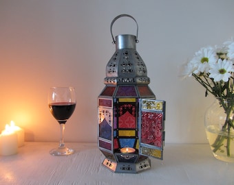 35cm Handmade Moroccan style lantern Indian candle holder Antique Pewter filigree lacework multi colour Medina glass