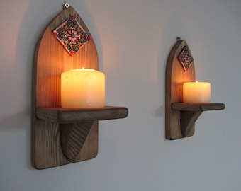 Reclaimed Wood Wall Sconces with Handmade Mexican Tile (Set of 2)
