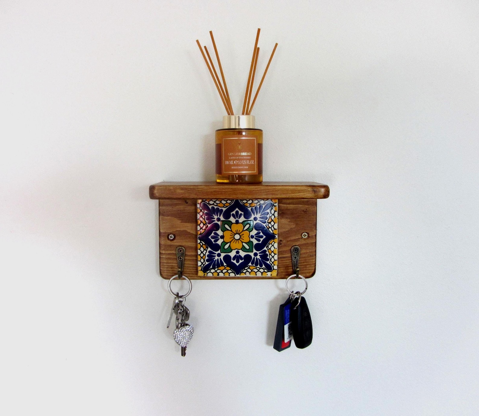 Mexican Tile Key Holder with Shelf : Reclaimed Wood , Handmade , Antique Bronze hooks Hooks
