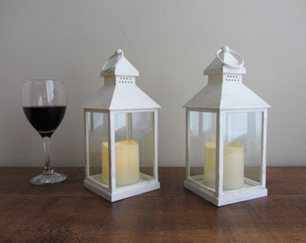 Set of 2 Shabby Chic distressed antique white / ivory Led lanterns candle holder wedding lantern