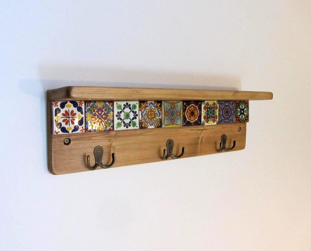 Mexican Tile Key Holder with Shelf: Reclaimed Wood , Bronze Hooks choose size 20-70cm - 30cm 3 double hooks