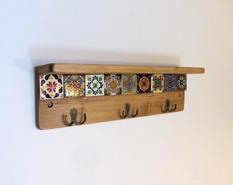 Rustic Wood Key Holder with Mexican Tiles & Bronze Hooks