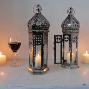 Set of 2 Large Handmade Moroccan style lanterns candle holders Antique Silver filigree lacework Ramadan lights