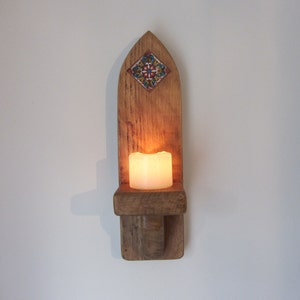 40cm Gothic arch Mexican church sconce Led candle holder rustic plank wood Mexican tile