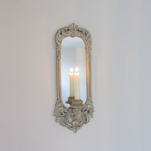 44cm Shabby Chic Rococo style wall sconce candleholder with mirror antique cream / stone effect