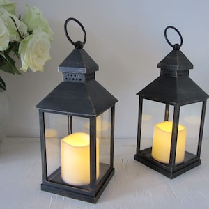 Set of 2 Shabby Chic distressed antique Black Led lantern candle holder wedding lantern