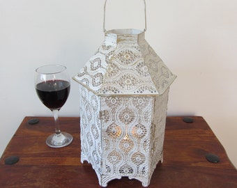 Moroccan lantern candle holder Distressed cream filigree lacework wedding lantern