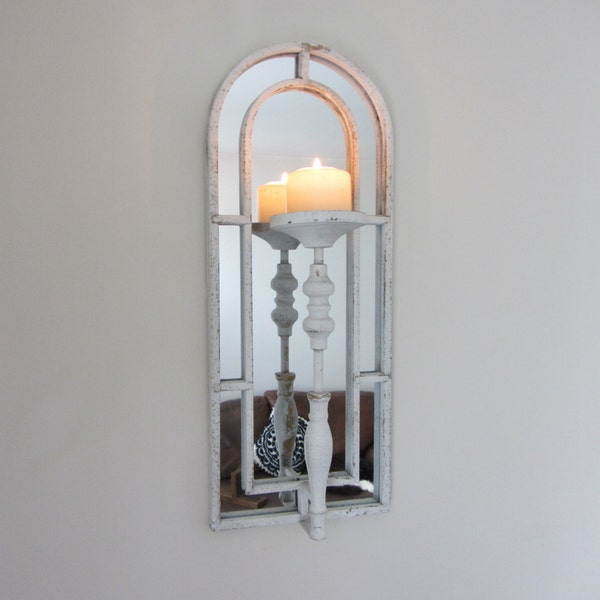 Grande applique chandelle rustique en fer blanc avec miroir pour fenêtre, 55 cm