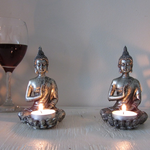 Set of 2 Thai Buddha tea light candle holders Antique silver 13cm