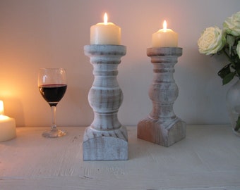 Set of 2 Rustic Chunky wood Whitewashed Shabby Chic Candlesticks Pillar Candleholders 25cm
