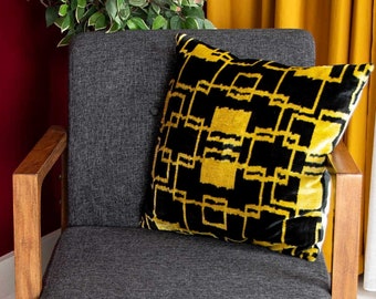 20x20 Ikat Housse d’oreiller en velours jaune