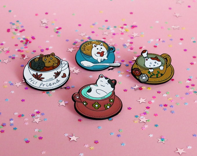 Cat coffee cup cute kawaii hi friend pets animals enamel pin pins lapel badge funny for backpacks jeans birthday gifts for her gifts for him