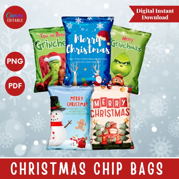 5 Christman Chip Bags, Christman Chip Bag Template Canva, Christman Chip Bag Wrapper, Christman Candy Bags, Fall Festival Chip Bags