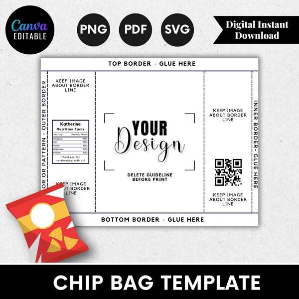 Chip Bag Template, Blank Chip Bag, Chip Bag Template Canva Editable, Chip Bag Label, Party chip bag, chip bag editable, template for cricut