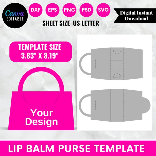 Lip balm Purse Template, Lip balm Purse Svg, Purse Template, Lip Balm Box Template, Lip Balm Holder,  SVG, DXF, Psd, Eps Png, 8.5x11" Sheet