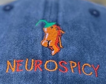 Embroidered vintage cap with chili pepper and orange & red "Neurospicy" lettering | blue | unisex dad hat | embroidered cap | 100% cotton