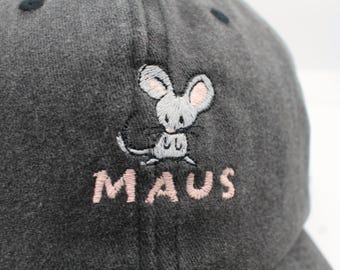 Embroidered vintage cap with mouse and pink "Mouse" lettering | Black | Unisex Dad Hat | Embroidered cap | 100% Cotton