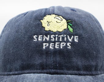 Embroidered vintage cap with lemon - "Sensitive Peeps" | Dark blue | Unisex dad hat | Embroidered cap | 100% cotton